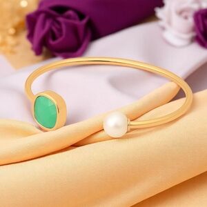🆕️Elegant 18K Gold Plated Stainless Steel Aquamarine Pearl Cuff Bracelet Studs